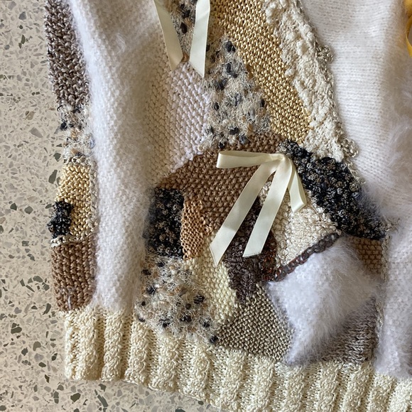 VINTAGE HANDMADE Multi Textile Knitted Sweater White Medium Eclectic Jumper - Picture 2 of 5